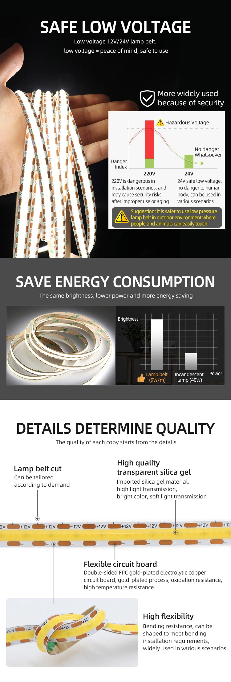 Dotless in Aluminum Profile LED Linear Light 9W 12W 480chips/M High Density COB LED Strip Light LED Flexible Strip Light